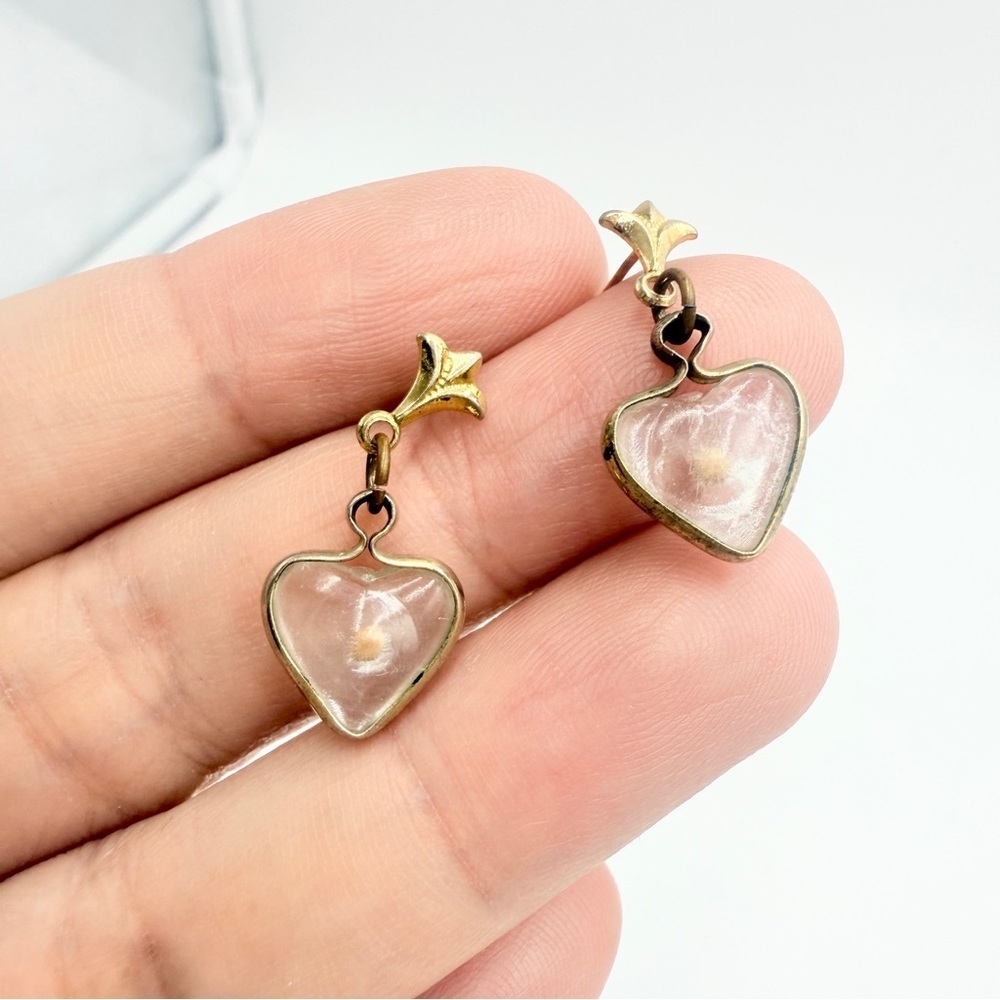 Vintage Gold Heart Drop Earrings with Clear Resin and Floral Detail